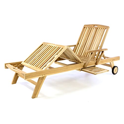 Sonnenliege unbehandelt Natur Gartenliege Relax-Liege Teak-Holz inkl. Räder Tablett – Lehne & Fußteil verstellbar – Pool-Liege Bäder-Liege