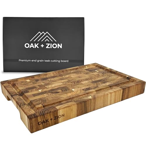 Oak + Zion Schneidebrett aus hochwertigem Teakholz, groß, 43,2 x 28,9 x 3,8 cm, Metzgerblock mit tiefer Saftrille, ideal für Küchen- und Charcuter-Bedürfnisse, kommt mit 100 % lebensmittelechtem