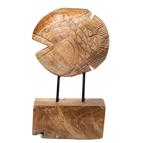 Fisch Deko Bad Badezimmer-Deko Skulptur Teakholz 29cm groß Dekorfigur Holzfisch Sockel Natur Holz