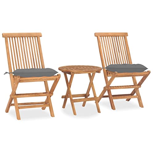 KATERYY 3-TLG. Garten-Essgruppe mit Kissen Klappbar Massivholz Teak,Elegantes Garten Esstisch Set aus Teakholz mit bequemen grauen Kissen Perfekt für Garten, Terrasse und Balkon