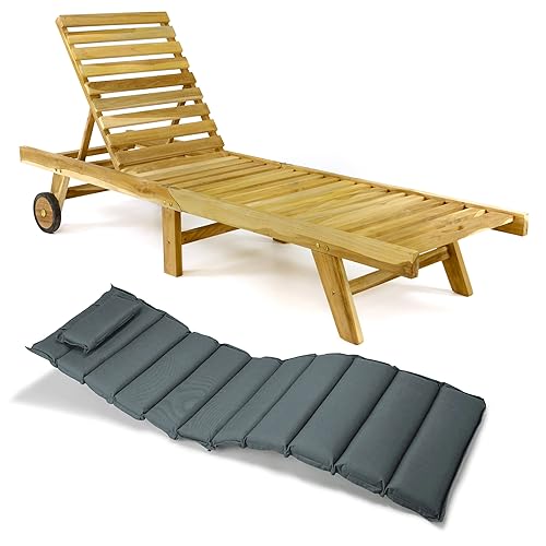 Divero Sonnenliege mit Auflage Set Relax-Liege Holzliege Gartenliege Teakholz Natur inkl. Räder, verstellbares Kopfteil, Auflage anthrazit