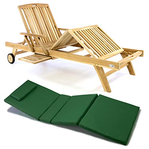 Divero Sonnenliege Holzliege Gartenliege Teak-Holz unbehandelt mehrfach verstellbar inkl. Räder Tablett + Liegen-Auflage 4-teilig wasserabweisend orange grün beige (Farbe wählbar) (Grün)