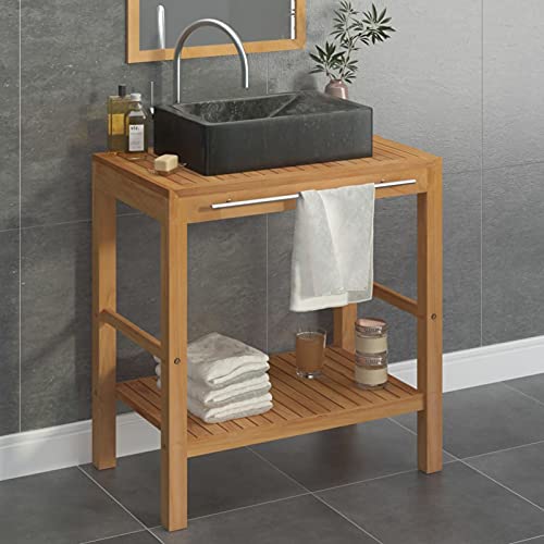 Homgoday Badezimmer-Schrank aus Teakholz mit Waschbecken aus schwarzem Marmor, Möbel für Büro, Aufbewahrungsschrank, Stauraum, Aufbewahrungsschrank, STYLE3058159