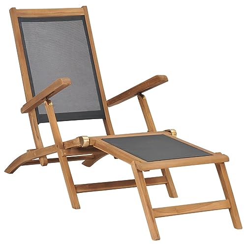 LAPOOH Liegestuhl mit Fußablage, Gartenliege, Sonnenliege, Relaxliege, Deckchair, Terrassenstühle, Beach Chair, Saunaliege, Massivholz Teak Schwarz