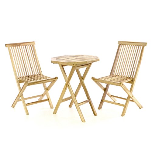 Divero 3 TLG. Balkonset Klappstuhl Tisch rund Ø 60cm Teakholz Garten-Set Sitzgarnitur (Teak Natur)