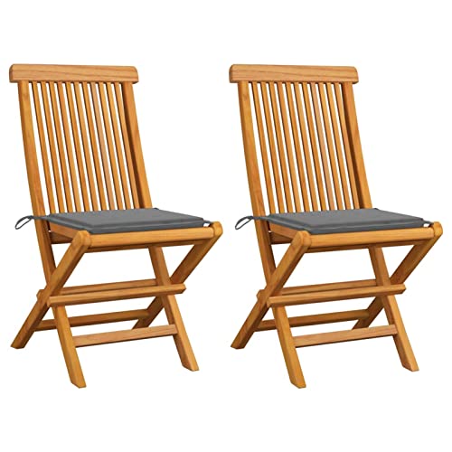 LAPOOH Gartenstühle mit Grauen Kissen, Hochlehner, Wetterfest Stuhl, Campingstühle, Lehnstühle, Garden Chair, 2 STK. Massivholz Teak