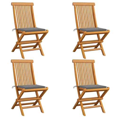 ShGaxin Gartenstühle mit Grauen Kissen, Hochlehner, Campingstühle, Lehnstühle, Wetterfest Stuhl, Garden Chair, 4 STK. Teak Massivholz