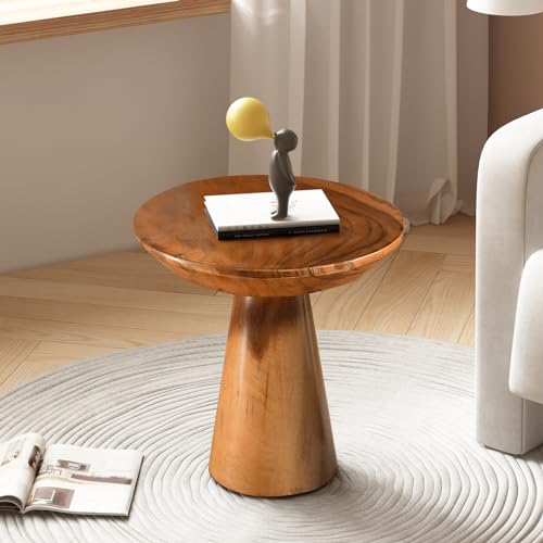 JOLLYMER Pilz-Beistelltisch, Teak-Hocker, natürlicher Pflanzenständer, 35,6 cm hoch, runder Couchtisch aus Holz, für Wohnzimmer, Schlafzimmer, Garten, Hof