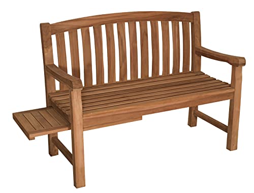 MR. DEKO® Gartenbank Lancaster Teakholz | Holzbank mit ausziehbarem Seitentisch | Friesenbank für draußen | 2-Sitzer 120x57x94 cm | Sitzbank Teak massiv & wetterfest für Garten & Balkon | Parkbank