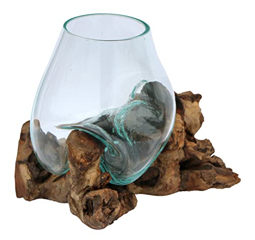 Geschenk-Idee für Weihnachten, Geburtstag als Deko Gamal Glas-Vase Ø Glas 10-11 cm auf Wurzel-Holz Teakholz Glas SS