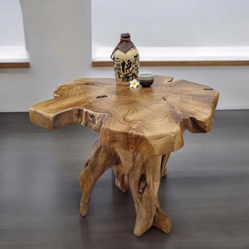 Kinaree Massivholz Couchtisch ALOR Setar - Ø 65-70cm - Holz Beistelltisch aus massivem Teak in rustikaler Optik, mit Tischplatte aus Wurzelholz Baumscheibe (50 x 65-70cm)