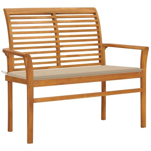 JUDYY Gartenbank mit Beige Auflage, Terrassenmöbel, Wetterfeste Bank, Deko Bank, Garten Banken,Outdoor Bank, Parkbank, Gartenmöbel, 112 cm Massivholz Teak