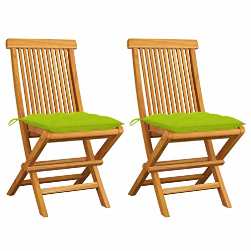 LAPOOH Gartenstühle mit Hellgrünen Kissen, Hochlehner, Wetterfest Stuhl, Campingstühle, Lehnstühle, Garden Chair, 2 STK. Massivholz Teak