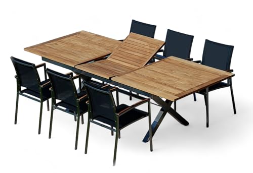 ALEOS. Gartengarnitur Edelstahl Teak Set: Ausziehtisch 200-260x100 cm + 6 Sessel stapelbar Edelstahl Teak Gewebe schwarz Sitzgruppe A-Grade Teak Holz - Gartenmöbel Set 6 Personen Gastronomie Qualität