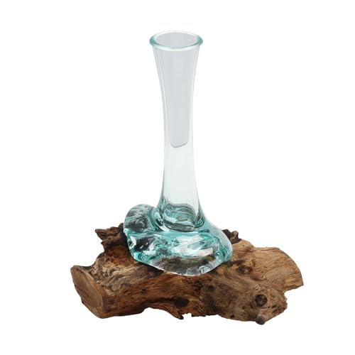 Glasvase auf Wurzelholz Ø 4cm x Höhe 25cm aus Recycling Glas & Teak Wurzel Holz handgefertigt | extravagante Wohndeko Deko-Vase Glasschale Natur-Vase | A25