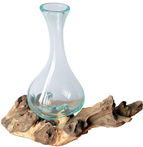 Wogeka - 30 cm Glas Karaffe auf Wurzelholz - Glasvase Teakholz Handarbeit als Deko Geschennk-Idee Glas Vase