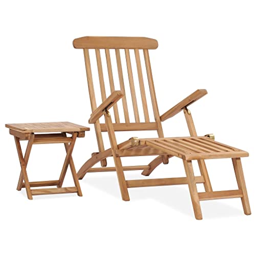 vidaXL Teak Massiv Garten Liegestuhl mit Fußstütze Tisch Klappbar Deckchair Sonnenliege Gartenliege Relaxliege Gartenmöbel Liege Holzliege