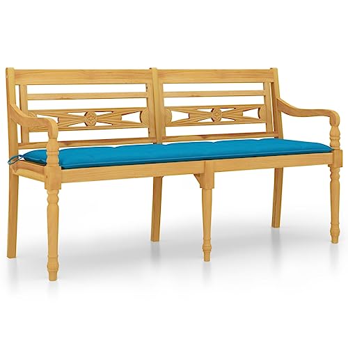 HETFTJN Sitzbank Garten Sitzbank Outdoor Sitzbank Esszimmer Lounge Sessel Outdoor - Batavia-Bank mit Hellblauem Kissen 150 cm Massivholz Teak für Terrassen Draussen Garten Park