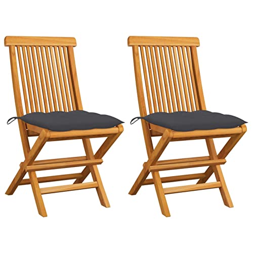 Somanki Gartenstühle mit Anthrazit Kissen, Hochlehner, Wetterfest Stuhl, Campingstühle, Lehnstühle, Garden Chair, 2 STK. Massivholz Teak