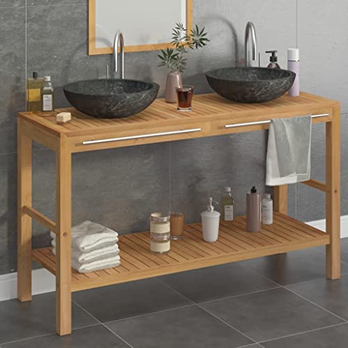 prissent Badezimmer-Schrank aus Teakholz mit Waschbecken aus schwarzem Marmor, freistehend, Badezimmermöbel, Waschbeckenunterschrank, freistehend, mit Waschbecken, Badezimmerschrank, freistehend, Holz