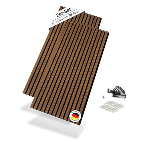 LAGELLA ® - Akustikpaneele 2er Set 115cm x 56cm (230cm x 56cm) - Hochwertige Holz Wandpaneele - inkl. Schrauben - Lamellenwand mit Filz Schalldämmung für Wohnzimmer, Büro, Garderobe (TEAK-Walnuss)