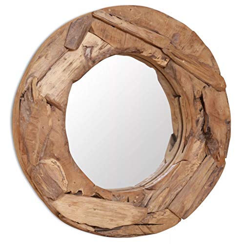 TEWTX7 Wandspiegel Teak Spiegel Holzrahmen Wanddekoration Badspiegel mit Massivholz-Rahmen aus Teakholz Natur zum aufhängen | 60 cm Rund | Naturholz Braun