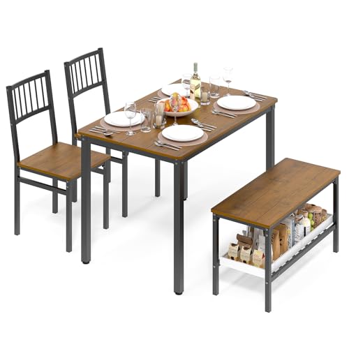 Ulifance Esstisch, Küchentisch-Set, 110 x 70 x 75 cm, mit 2 Stühlen und Einer Bank, Metallgestell, 4-teiliges Set für Küche, Esszimmer, Wohnzimmer, Teak