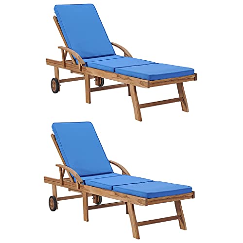 vidaXL 2X Teak Massiv Sonnenliege mit Auflagen 2 Rädern Gartenliege Holzliege Relaxliege Rollenliege Strandliege Liege Gartenmöbel Blau