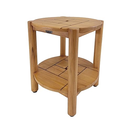 SPATEAK Select Massiver Teak Runder Duschhocker, Beistelltisch für Innen und Außen, Tragbarer Teak Spa/Dusche/Outdoor Runder Hocker mit Ablage, Teakholz Dusche Runder Tisch, Vollständig Montiert ST-53