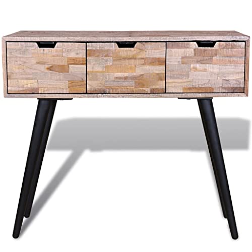 ULUYYUC Bedside Table Balkontisch Tisch Wohnzimmer Betttisch - Konsolentisch mit 3 Schubladen Altholz Teak für Schlafzimmer Wohnbereich Garten Balkon