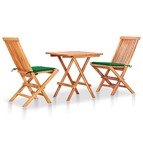 THOYTOUI 3-TLG. Bistroset, Gartengarnitur Set Gartenlounge Set Terrassenmöbel Lounge Set Outdoor Geeignet für Balkon Garten Veranda Terrasse mit Grünen Kissen Massivholz Teak