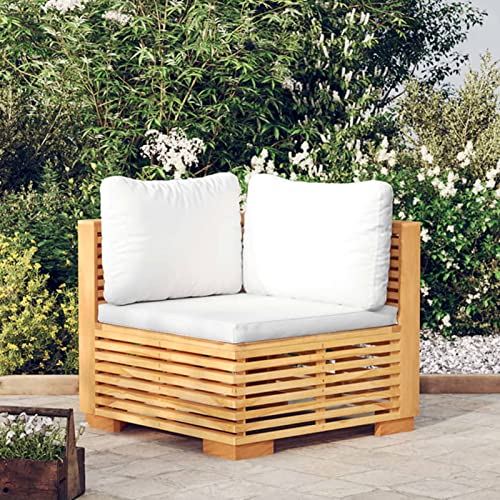 Homgoday Garten-Ecksofa mit Creme Kissen Massivholz Teak Modular Ecksofa Gartensofa Sofa Lounge Gartenmöbel Einzelsofa Loungesofa Sessel Ecksessel Balkon Terrasse Garten