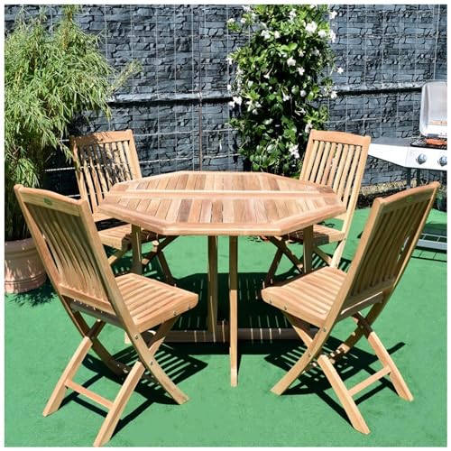 Teako Design Teak Klapptisch Savona + 4 Teakstühle Ancona, Wetterbeständige Gartenmöbel, Flegt-lizenziert, Nachhaltig und Pflegeleicht, Gartentisch und Stühle (Tischplatte 80 cm)