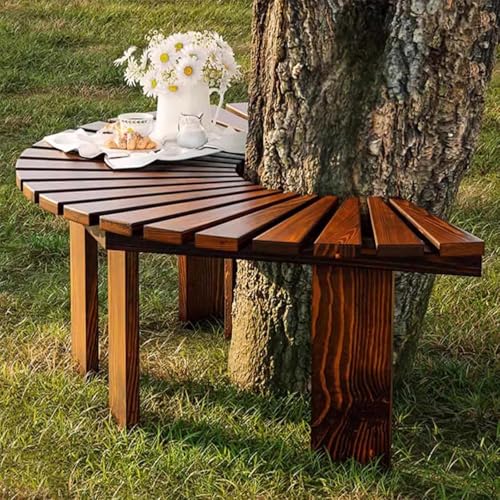 MAYFABD Terrasse Gartenbank Parkbank Halbrunde Baumbank aus Teakholz Rückenfreie Bank Runde Holz Terrassen Wickelsitz Retro Hinterhof Parkmöbel Outdoor Kollektion,D,120x40x42cm